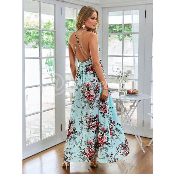 Backless Floral Print Maxi Dress Criss Cross - Picture 2 of 14